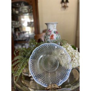 Vintage Anchor Hocking Moonstone Opalescent Hobnail Ruffled Edge Glass Plate 11”